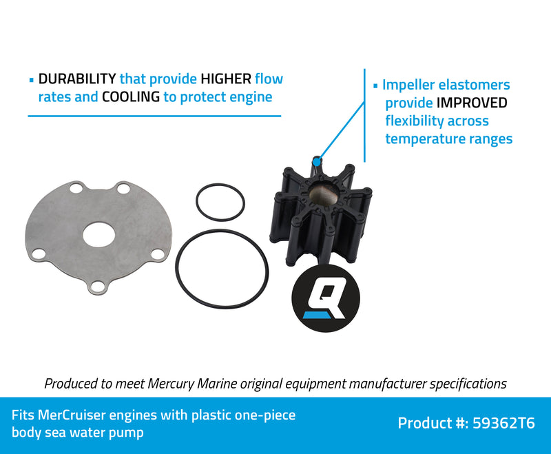 Quicksilver 59362T6 Sea Water Pump Impeller Replacement Kit - MerCruiser Engines with One-Piece Pump Body - 59362T6