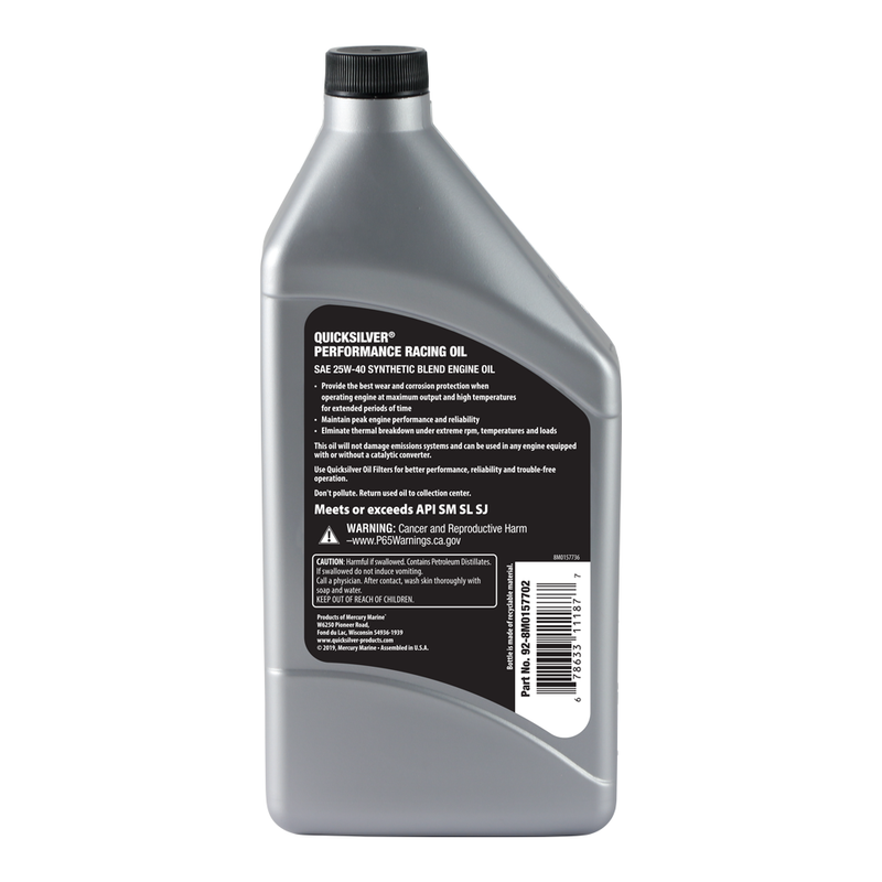 Quicksilver 8M0157702 25W-40 Synthetic Performance Racing Oil – 1 Quart - 8M0157702