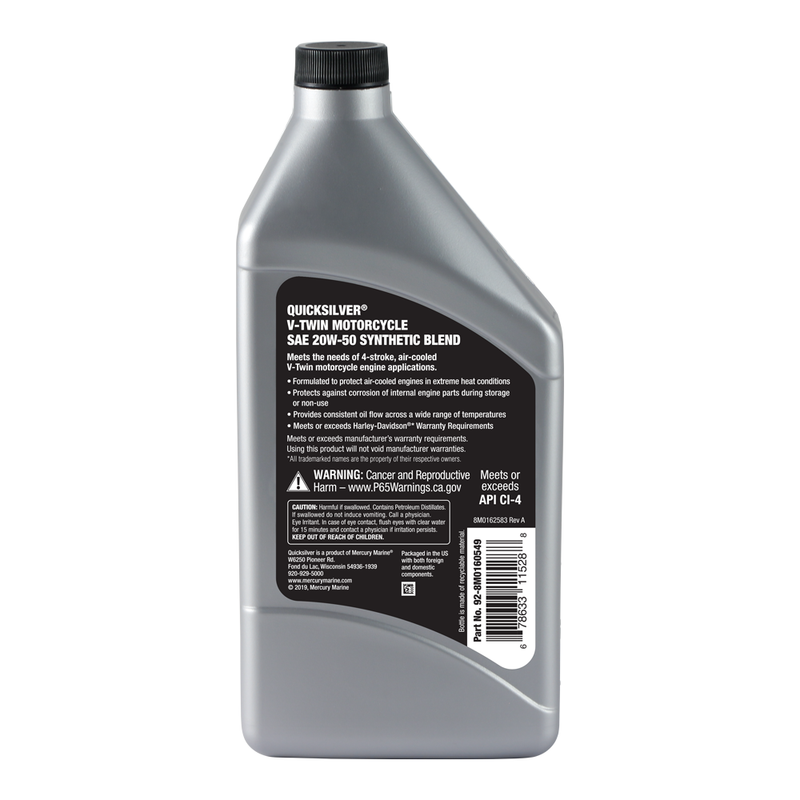 Quicksilver 20W-50 Synthetic Motorcycle Oil - 1 Quart - 8M0166407