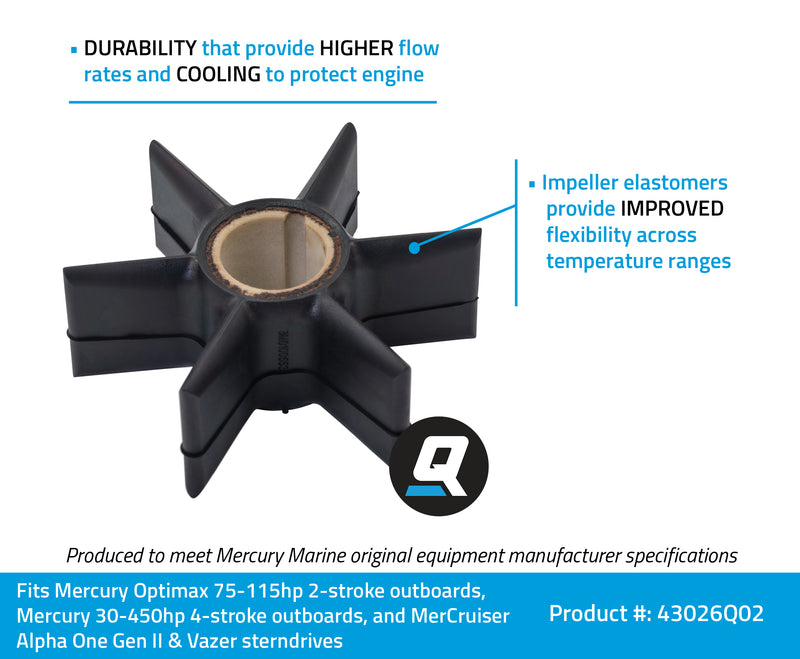 Quicksilver 43026Q02 Water Pump Impeller, Mercury Optimax and 4-Stroke Outboards, 75-115 HP - 43026Q02