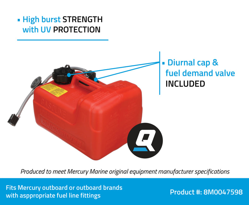 Quicksilver 8M0047598 Portable Marine Boat Fuel Tank with Fuel Demand Valve, 3.2-Gallon Capacity - 8M0047598