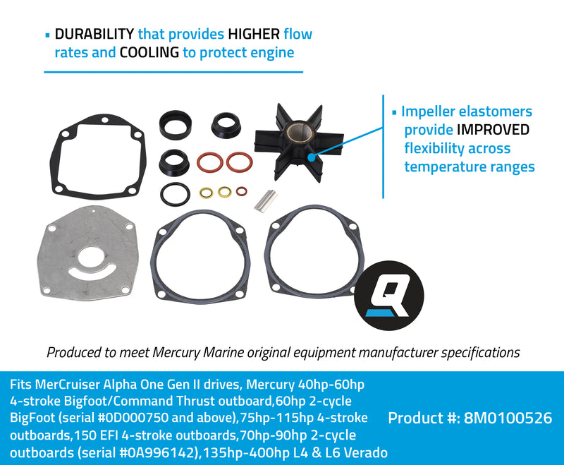 Quicksilver 8M0100526 Water Pump Repair Kit - Mercury and Mariner Outboards and MerCruiser Stern Drives - 8M0100526