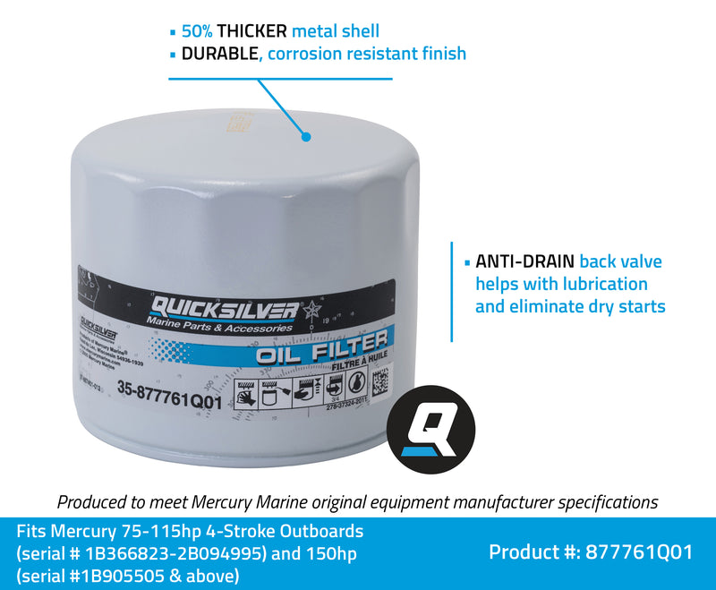 Quicksilver 877761Q01 Oil Filter - Mercury and Mariner 75 HP through 115 HP Outboards and 150 HP EFI 4-Stroke Outboards - 877761Q01