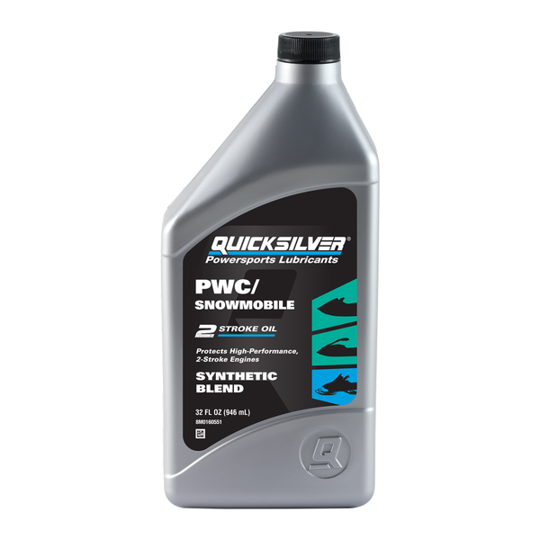 Quicksilver 2-Stroke PWC/Snowmobile Engine Oil – Premium Synthetic Blend – 1 Quart - 4 Pack - 8M0169033
