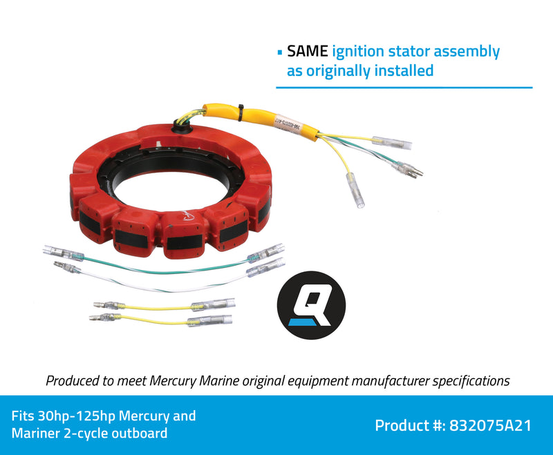 Quicksilver Ignition Stator Assembly 832075A21 - For 30 HP - 125 HP Mercury and Mariner 2-Cycle Outboards - 832075A21