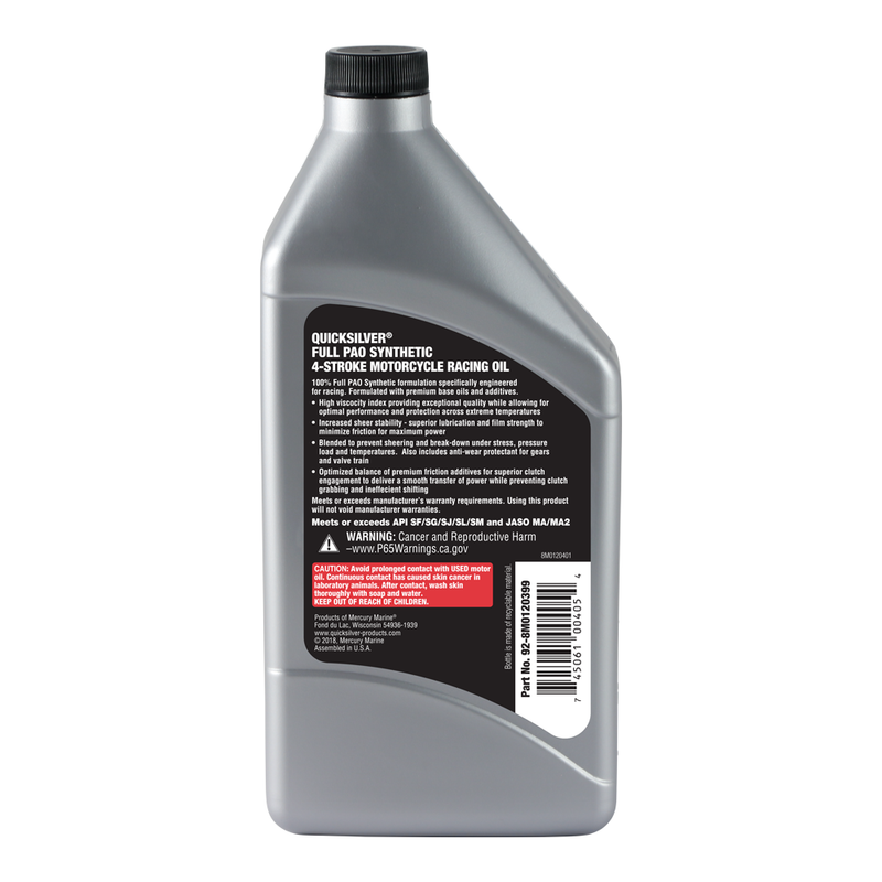 Quicksilver 5W-40 Full Synthetic Motorcycle Race Oil – 1 Quart - 8M0120399