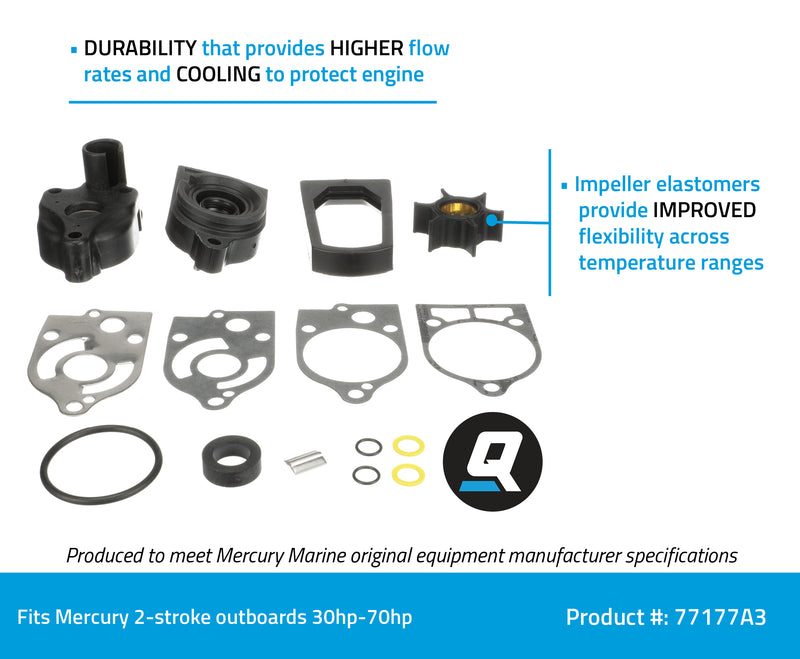 Quicksilver Water Pump Repair Kit 77177A3 - 2-Cycle Outboard - For Mercury and Mariner Outboards 30 HP - 70 HP - 77177A3
