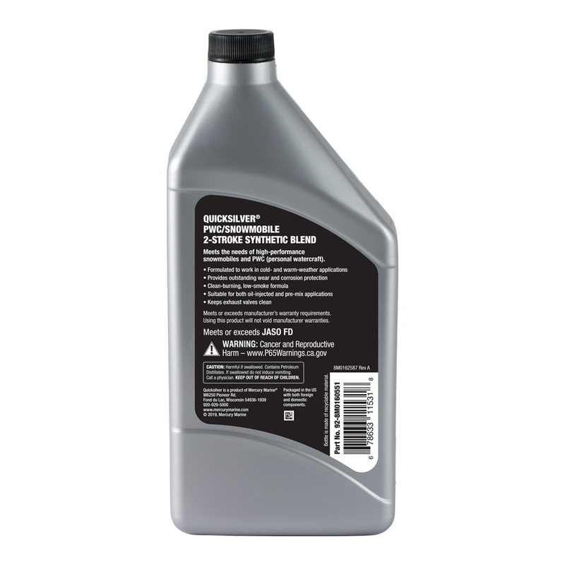 Quicksilver 8M0166406 2-Stroke PWC/Snowmobile Engine Oil – Premium Synthetic Blend – 1 Quart - 8M0166406