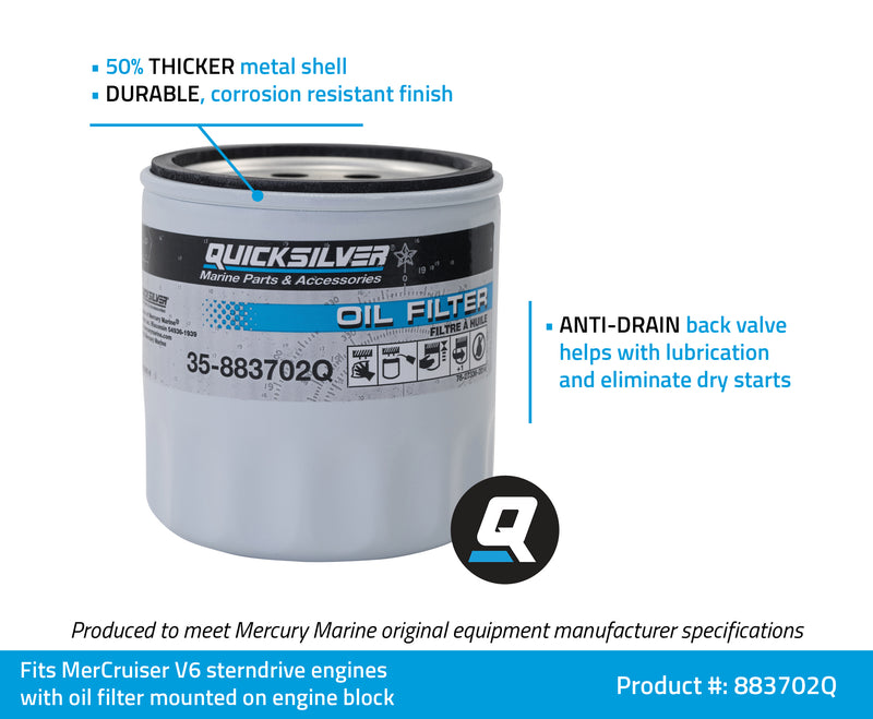 Quicksilver 883702Q Engine Block Mount Oil Filter - V-6 MerCruiser Stern Drive Engines - 883702Q