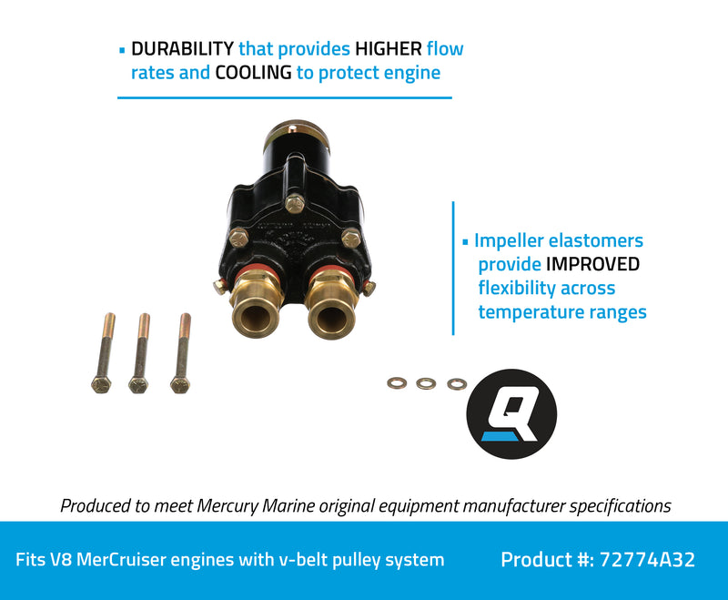 Quicksilver Brass Sea Water Pump Housing 72774A32 - For V-8 MerCruiser Engines with V-Belt Pulley System for Engine Accessories - 72774A32