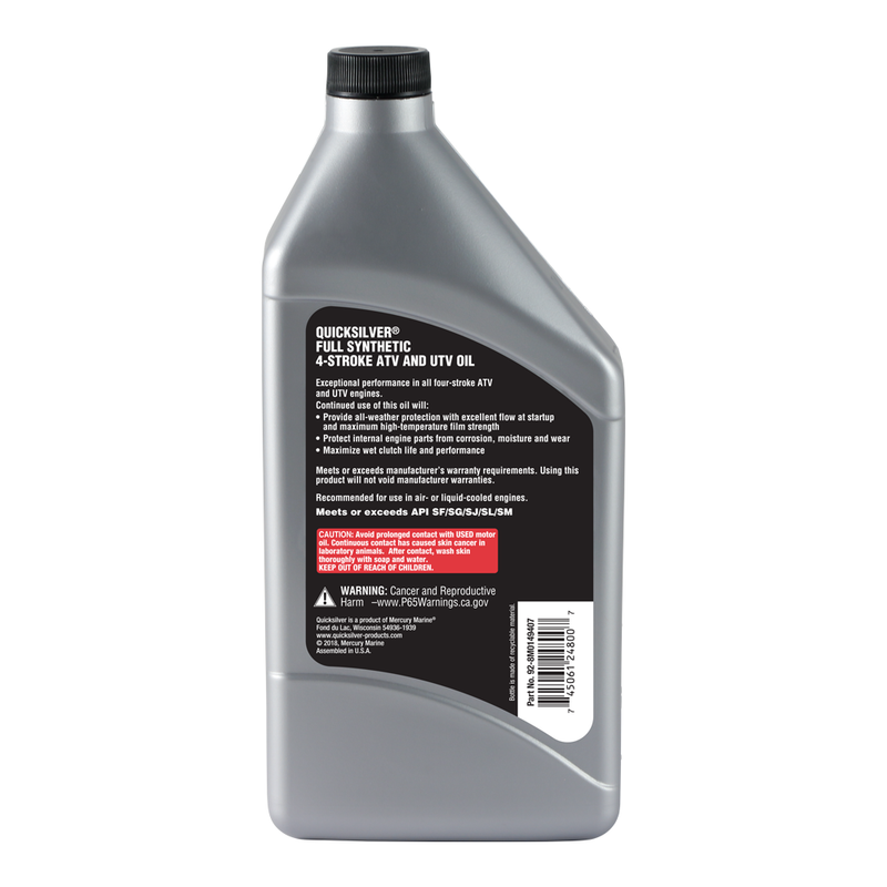 Quicksilver 8M0149407 5W-50 Full Synthetic 4-Stroke ATV/UTV Engine Oil – 1 Quart - 8M0149407